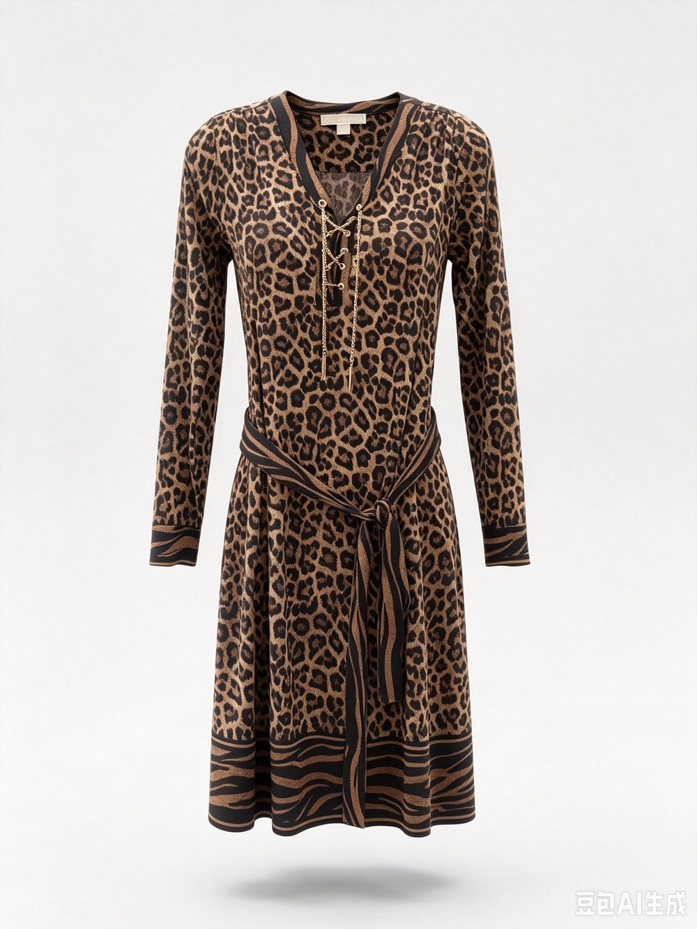 Michael Kors Leopard Print V-Neck Knit Dress with Tie Belt - Brown/Black